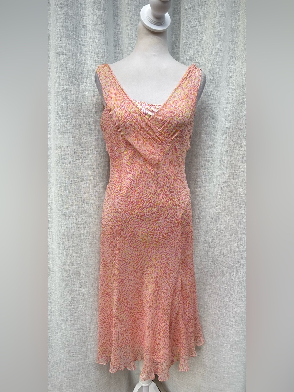 Talbots pink & yellow floral silk V-neck bias midi dress